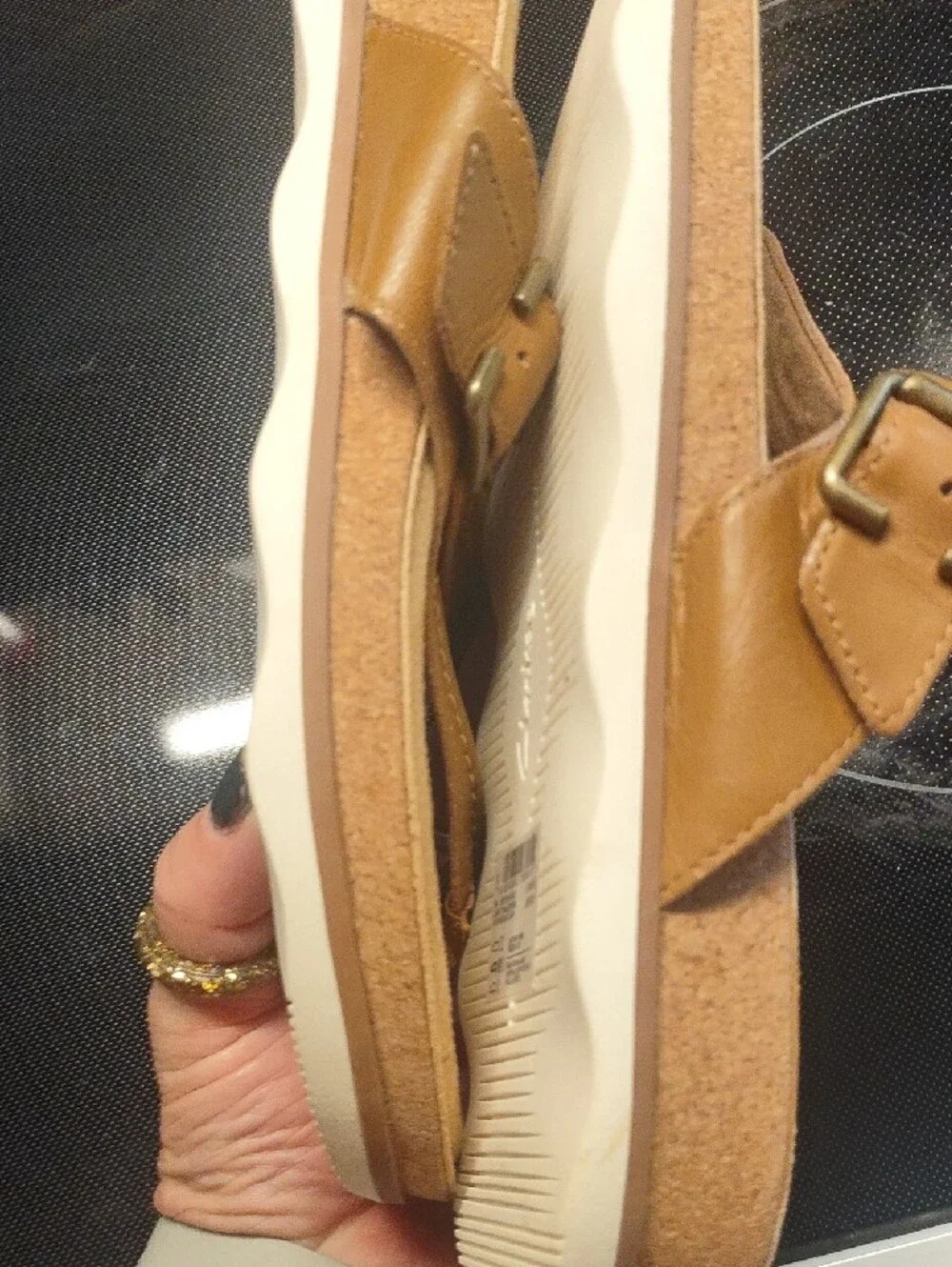 Clarks Women's Light Brown Leather Slide Sandals with Buckle